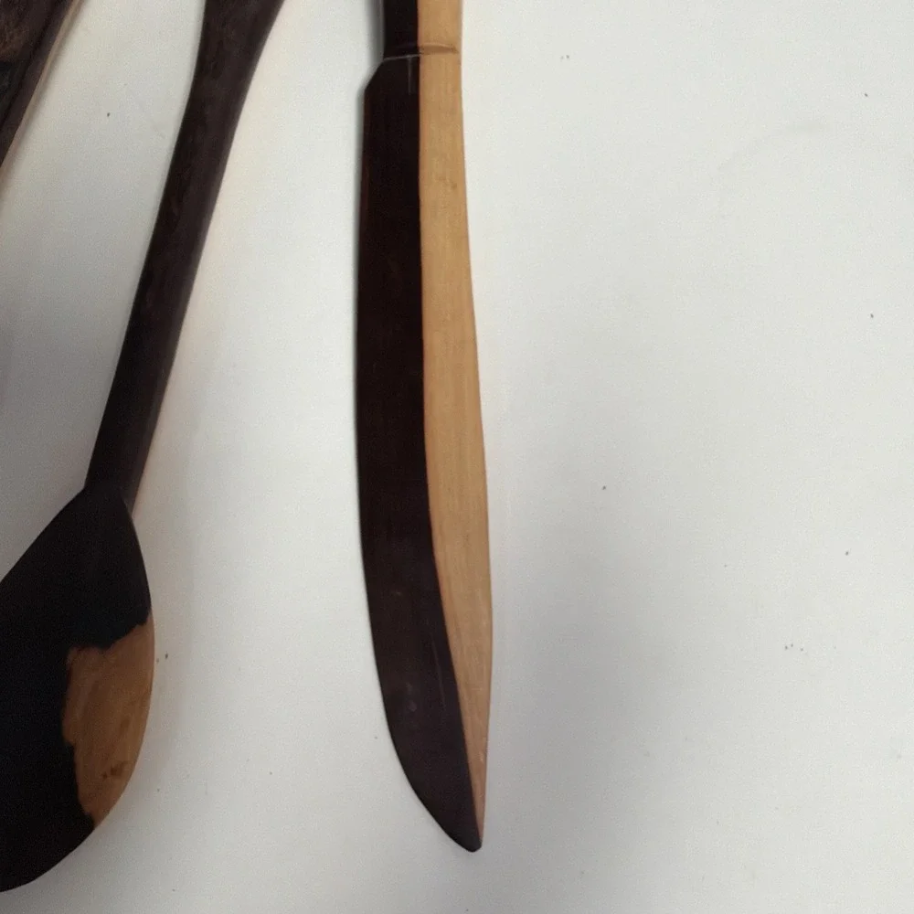 Vintage Wooden Hand-carved Tribal African‎ Spoon, Fork And Knife Art Deco 16
